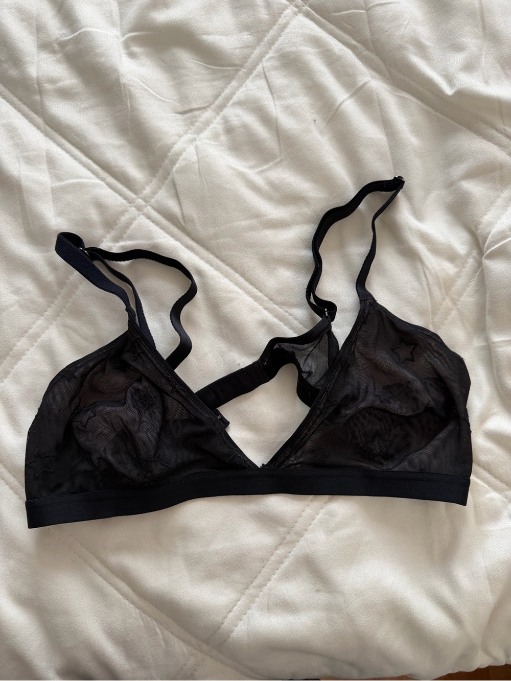 Sheer Star-Embroidered Triangle Bralette - Black